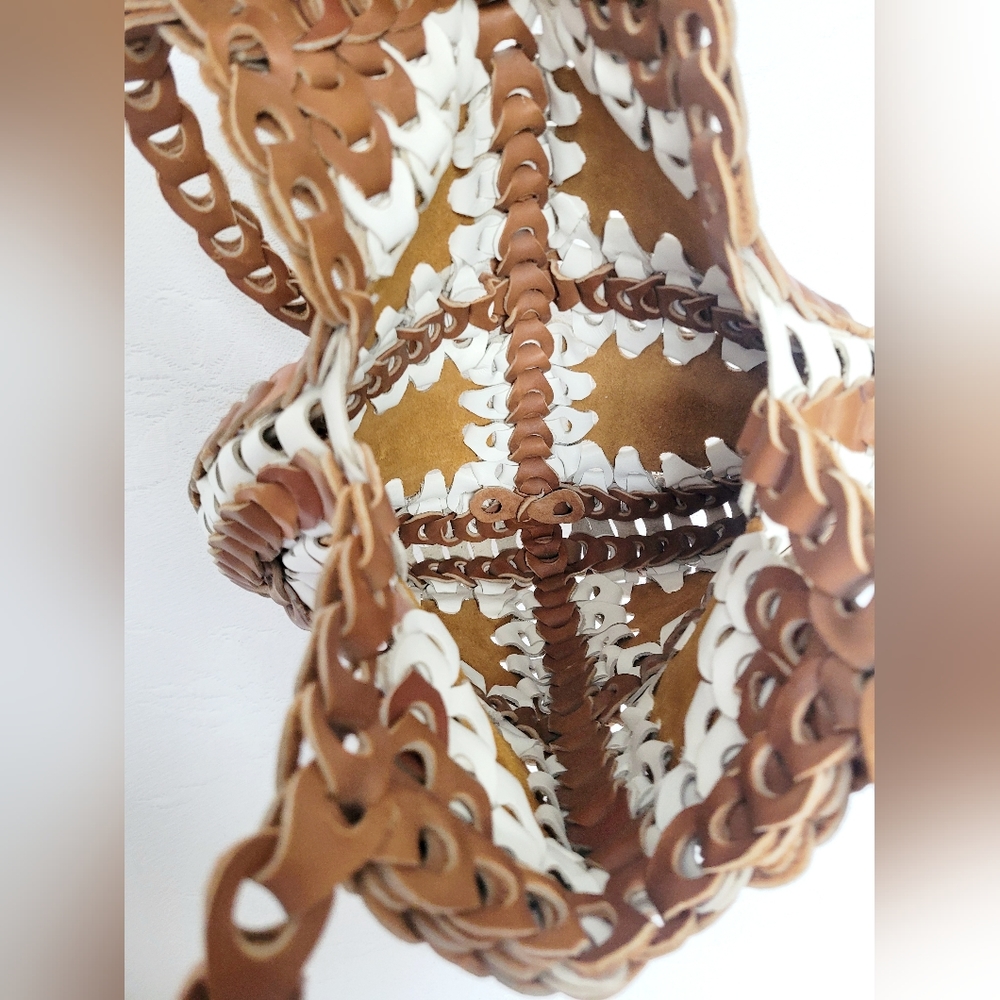 Genuine Braided Leather Boho Chic Hobo Bag Two-Tone Cognac/White - Picture 7 of 13